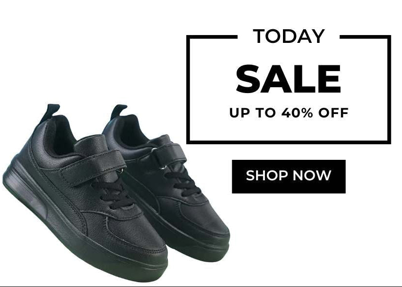 Black sneakers with a sale promotion on a white background